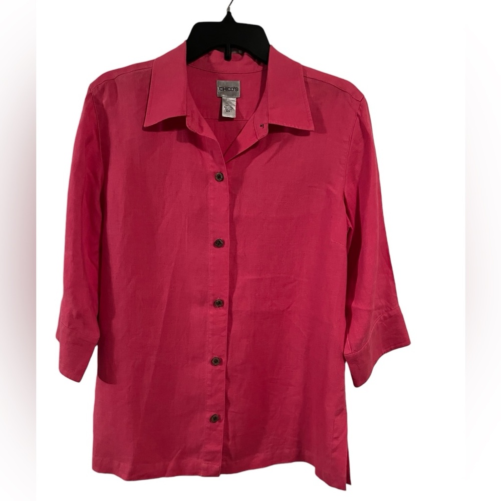 Chicos three-quarter length 100% linen pink size 1 or 8 button down collar top